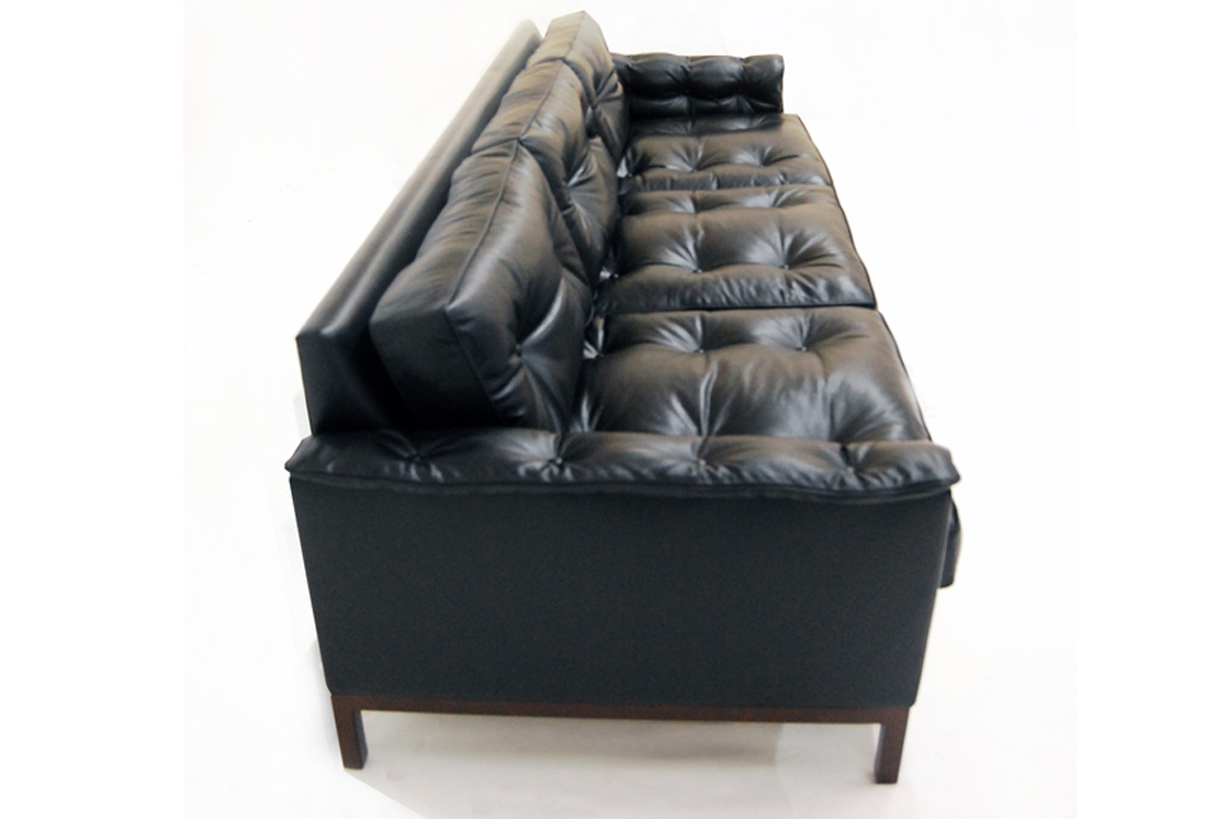 ROOM Amy Crain Grant Sofa kiln-dried maple frame exposed maple base cushion standard black brown leather custom customizable made to order any colors | ROOM Online