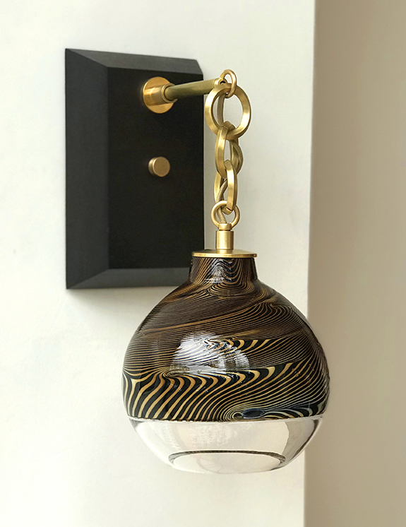 Joseph Pagano Wood Grain Chain and Ball Ball & Chain Wall Sconce smoke grey ink black glass globe satin brass chain smokey quartz detail mouth blown hand crafted sustainable ipe | ROOM Online