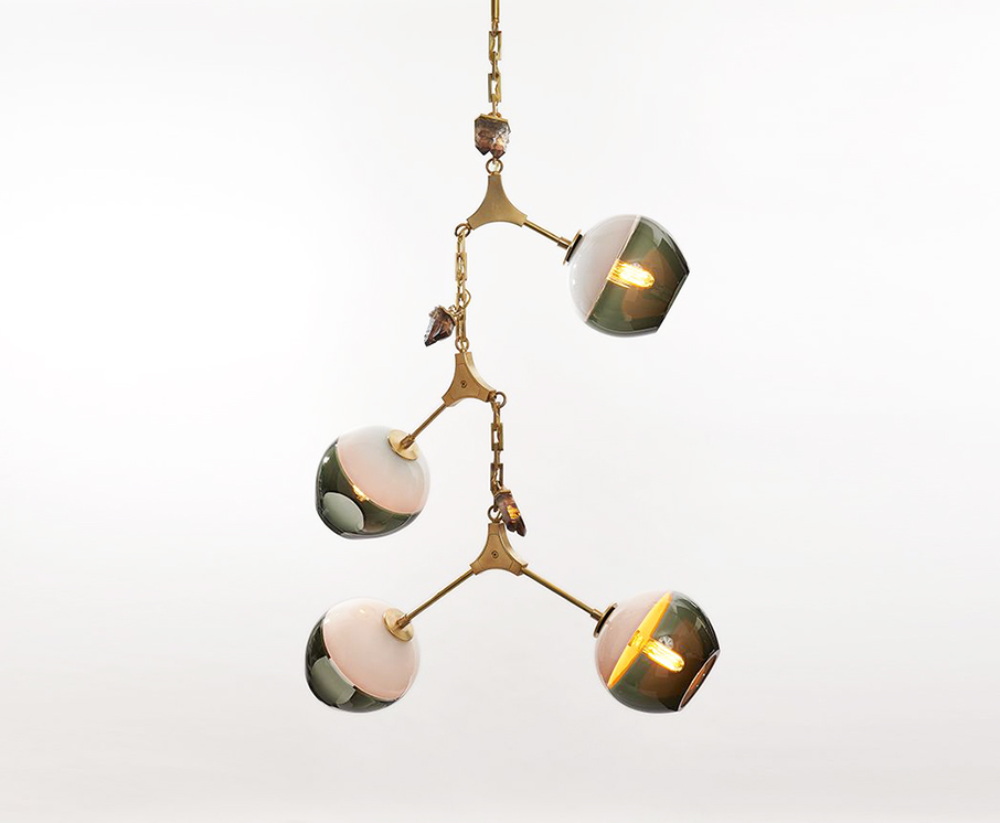 Joseph Pagano Celestial Balance Pendant Enamel White and Smoke Grey Round Glass Shades Satin Brass Suspension with Crystal Room Furniture