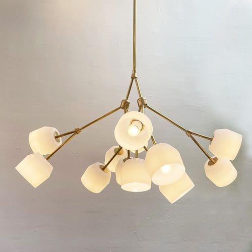 Materia Designs Forchette 12 Chandelier Andrew Molleur shades porcelain hand-blown glass brass arms aged brass aged silver blackened brass graphite black | ROOM Furniture