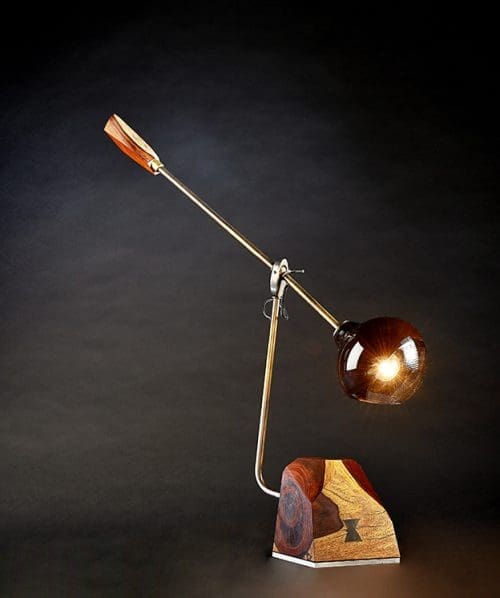 Joseph Pagano Mantis Fulcrum Table Lamp with Burnt Umber Mouth Blown glass globe and Dark bronze arm and Coco Bolo Rosewood base milled hand finished light fixture ROOM Furniture