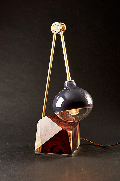 Joseph Pagano Mantis Studio Table Lamp Hand Blown Ink Black Round Glass Globe Colo Bolo Rosewood Base Satin Brass Armature Room Furniture