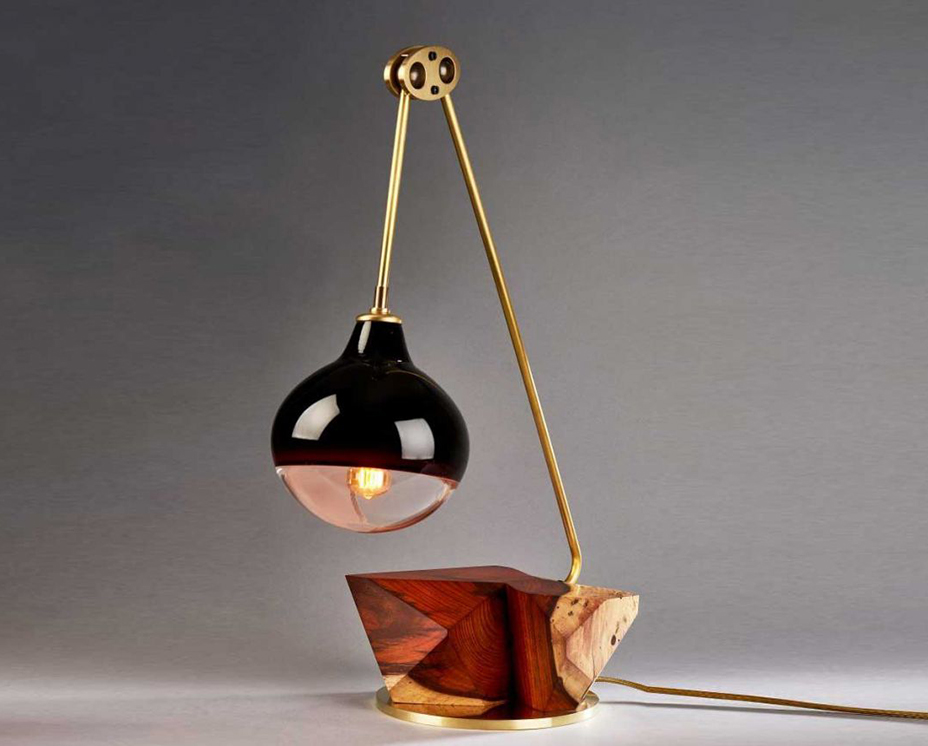 Joseph Pagano Mantis Studio Table Lamp Hand Blown Ink Black Round Glass Globe Colo Bolo Rosewood Base Satin Brass Armature Room Furniture