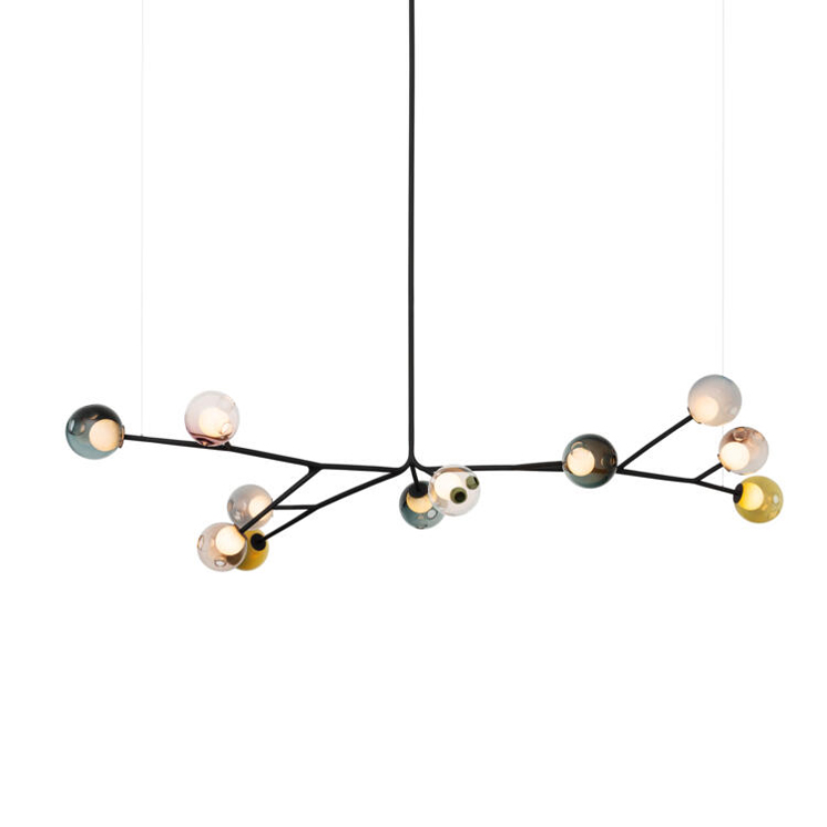 Bocci 28 Series 28.13A Armature 13 Globe Pendant with clear black grey yellow braided metal coaxial cable white powder coated canopy Omer Arbel Blown Glass Powder Coat Black Armature Room Furniture