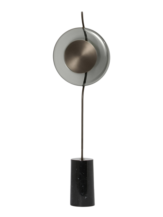 CTO Pendulum Floor Lamp Dan Yeffet Satin Brass Bronze Perch Cylinder Mouth Blown Smoked Glass | ROOM Furniture