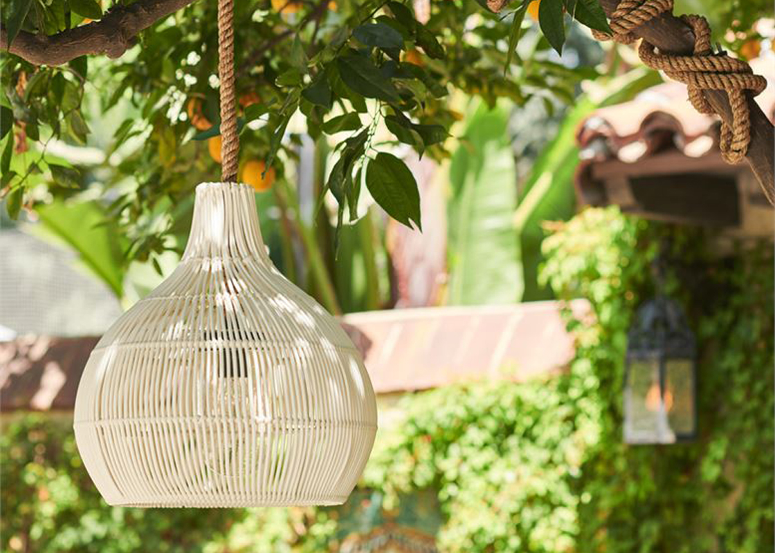 ROOM Myrleen Pendant with Off White Faux rattan shade and braided abaca rope incandescent bulb outdoor pendant customizable made to order custom ROOM Furniture