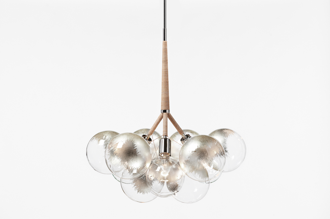 PELLE Bubble X-Large Gilded Chandelier Polished Nickel Hardware and Natural Leather Decorative Coiling, 24k Silver Leafing on Clear Hand Blown Glass Globes Room Furniture