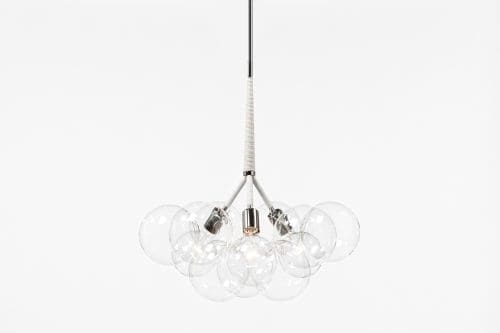 PELLE Bubble X-Large Chandelier Polished Nickel Hardware and White Leather Decorative Coiling, Clear Hand Blown Glass Globes Room Furniture