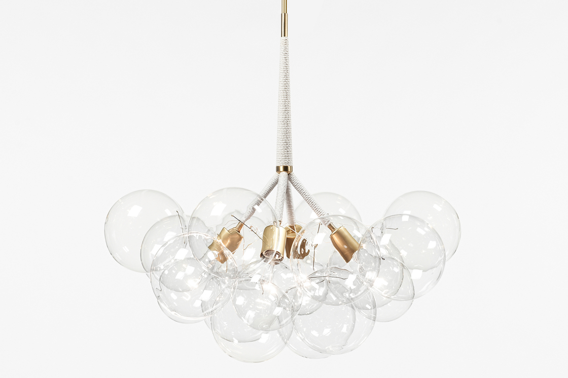 PELLE Bubble X-Tall Chandelier Satin Brass Hardware and White Leather Decorative Coiling, Clear Hand Blown Glass Globes Room Furniture