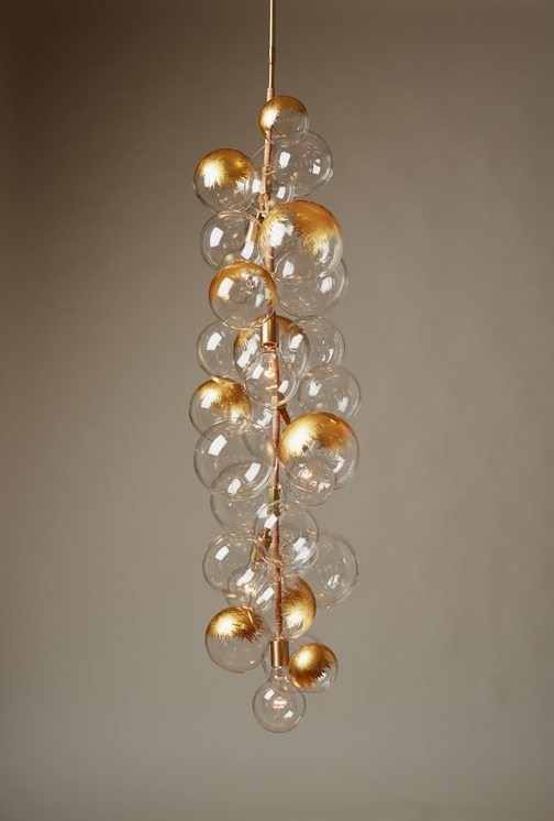 PELLE Bubble Tall Chandelier Satin Brass Hardware and Dark Brown Leather Decorative Coiling, 24k Gold Leafing on Hand Blown Glass Globes Room Furniture