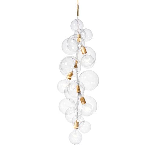 PELLE Bubble Tall Chandelier Satin Brass Hardware and White Leather Decorative Coiling, Clear Hand Blown Glass Globes Room Furniture