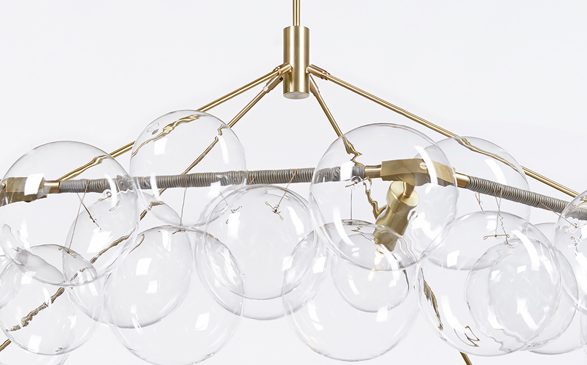 PELLE Bubble Wreath Bubble Chandelier Satin Nickel Hardware and Gray Leather Decorative Coiling, Clear Hand Blown Glass Globes detail Room Furniture