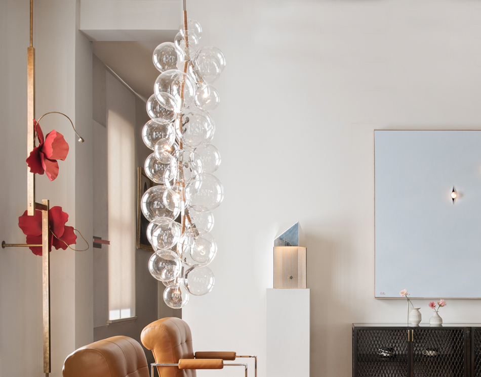 PELLE Bubble X Tall Chandelier Satin Brass Hardware and White Leather Decorative Coiling, 5 sets of Clear Hand Blown Glass Globes Room Furniture