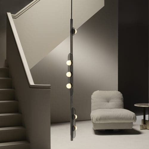 CTO Modulo Vertical Pendant Bronze with Smoked Kiln Cast Glass and Opal Glass Shades