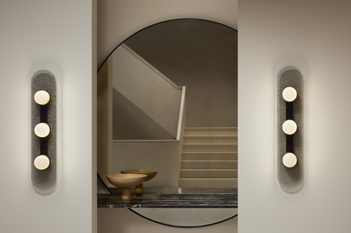 CTO Modulo Wall Sconce Bronze Triple with Smoked Kiln Cast Glass and Opal Glass Shades