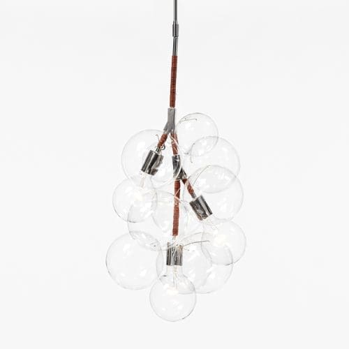 PELLE Bubble Pendant Polished Nickel Hardware and Dark Brown Leather Decorative Coiling, Clear Hand Blown Glass Globes Room Furniture