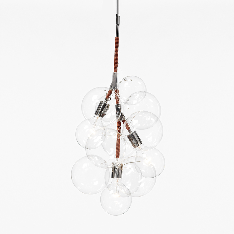 PELLE Bubble Pendant Polished Nickel Hardware and Dark Brown Leather Decorative Coiling, Clear Hand Blown Glass Globes Room Furniture