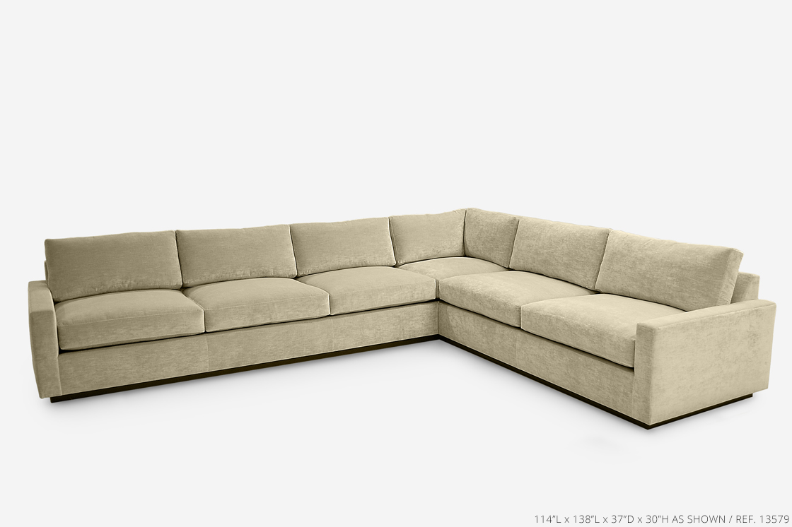 ROOM Vienne Sectional with tan cushions and upholstery, flat seams, Kiln-dried hardwood frame, and inset plinth base fully customizable made to order custom ROOM Furniture