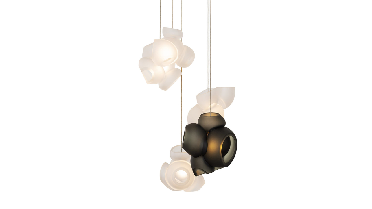 Bocci 100.5 Random Clear with Grey Globes and Braided Metal Coaxial Cable and 5 Pendants suspended fixture ROOM Furniture