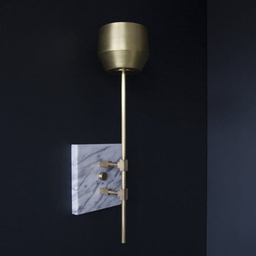 Materia Designs Forchette Torch Sconce Andrew Molleur shades porcelain hand-blown glass brass arms aged brass aged silver blackened brass un-lacquered brass marble backplate nero Carrara | ROOM Furniture