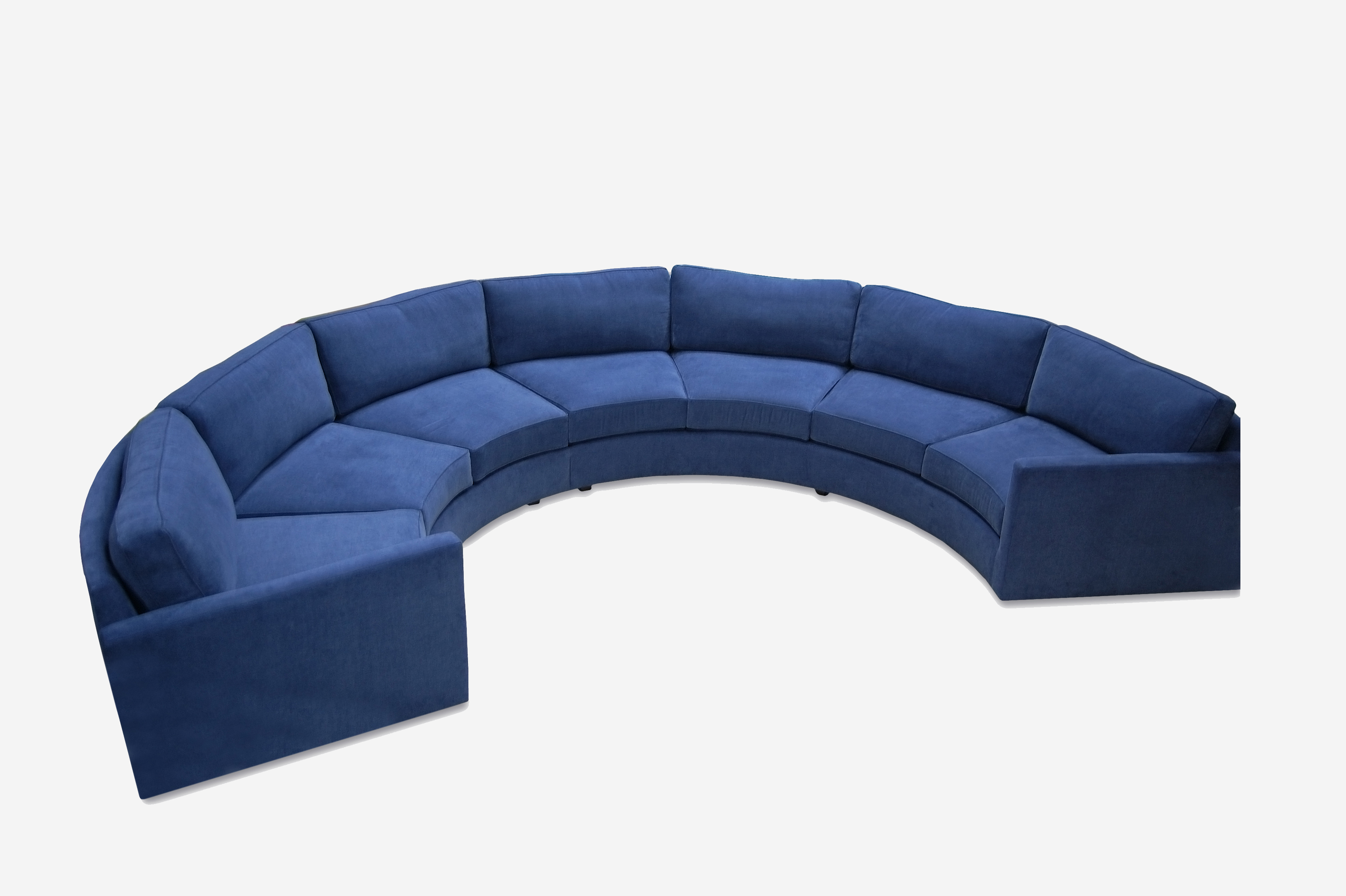 ROOM Austin Curved Sectional Blue Piped Seam Cushions Flat Seam Arms and Back Kiln-Dried Wood Frame Round Legs Made to Order Customizable ROOM Furniture