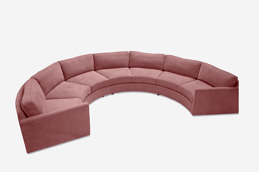 ROOM Austin Curved Sectional Pink Piped Seam Cushions Flat Seam Arms and Back Kiln-Dried Wood Frame Round Legs Made to Order Customizable ROOM Furniture