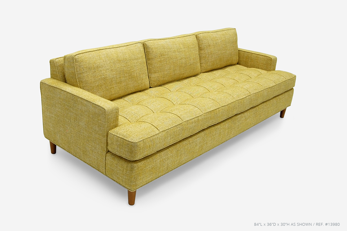 ROOM Cobb Sofa Yellow Fabric Piped Seam and Button-Tufted Seat Cushion Kiln-Dried Hardwood Frame Made to Order Customizable ROOM Furniture