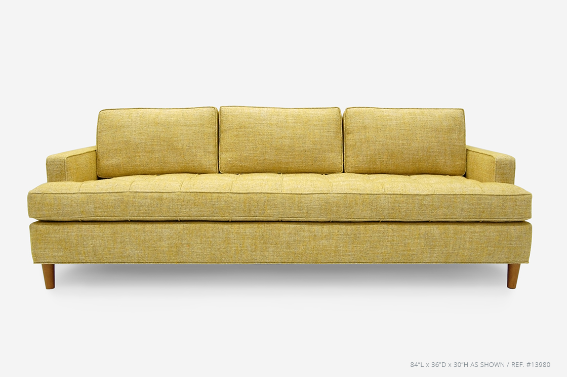 ROOM Cobb Sofa Yellow Fabric Piped Seam and Button-Tufted Seat Cushion Kiln-Dried Hardwood Frame Made to Order Customizable ROOM Furniture