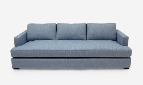 ROOM Millie Sofa with Blue cushions and Upholstery, Flat seams, Kiln-dried wood frame, square maple legs fully customizable handcrafted made to order custom ROOM Furniture