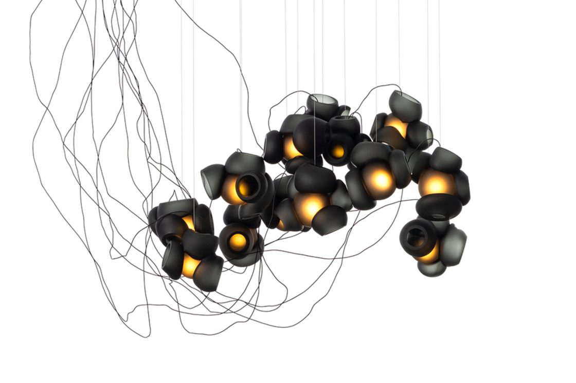 Bocci 100.13 Semi Rigid Grey Lighting Fixture Bocci 100.13 Semi Rigid Gray globes with braided metal coaxial cable with 13 pendant clusters suspended fixture blown glass sculpture ROOM Furniture