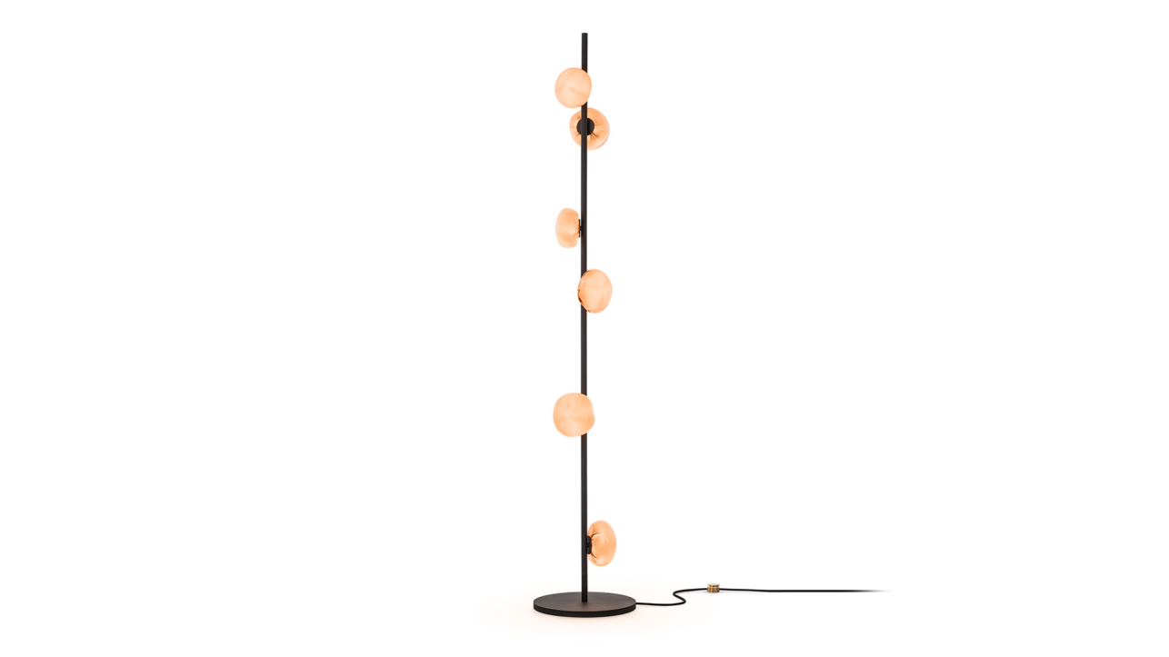 Bocci 84 Series 84.6v Stem Series Floor Lamp with Clear Hand Blown Glass Black Powder Coated Stem Room Furniture