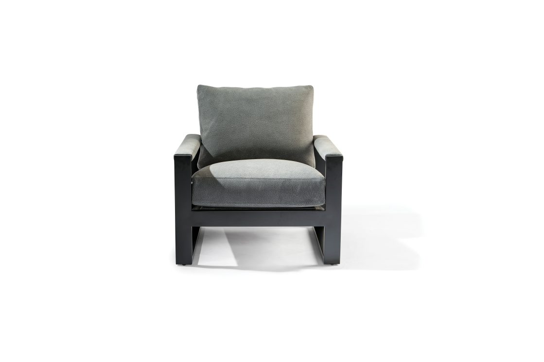 ROOM Chunky Milo Lounge Chair Grey Fabric Padded Arms Angled Seat and Back Cushions Powder Coated Black Frame
