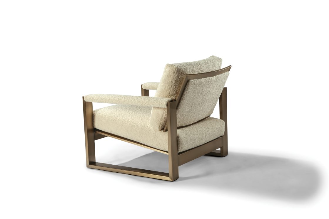 ROOM Chunky Milo Lounge Chair White Cloth Wool Cotton Padded Arms Angled Seat and Back Cushions Brushed Bronze Frame
