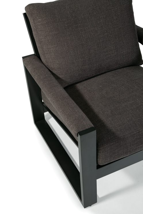 ROOM Chunky Milo Lounge Chair Brown Fabric Padded Arms Angled Seat and Back Cushions Powder Coated Black Frame