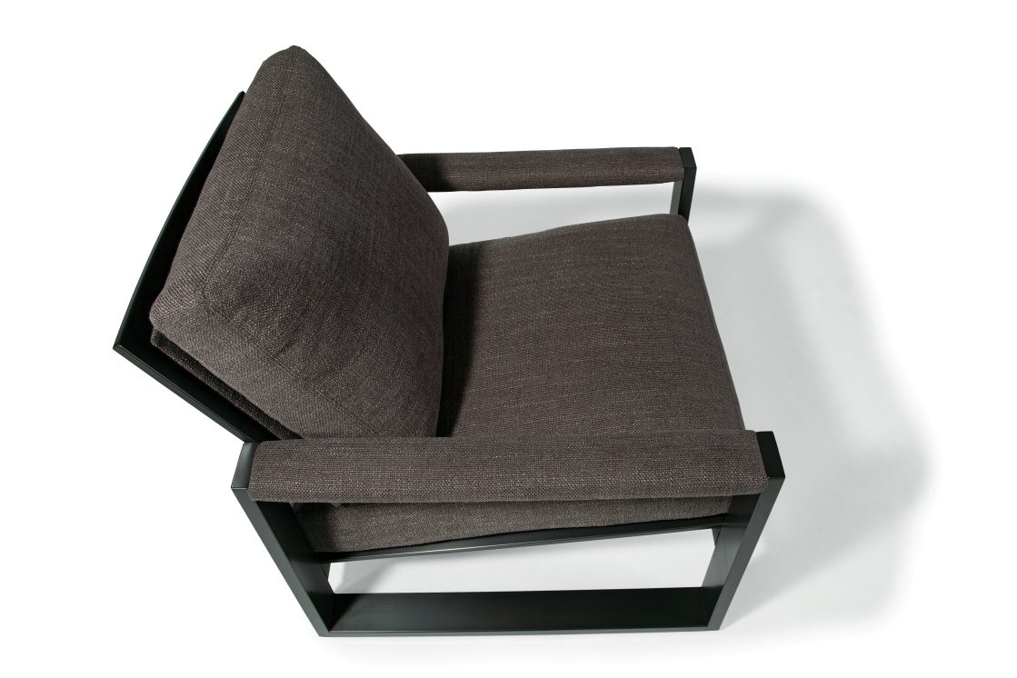 ROOM Chunky Milo Lounge Chair Brown Fabric Padded Arms Angled Seat and Back Cushions Powder Coated Black Frame