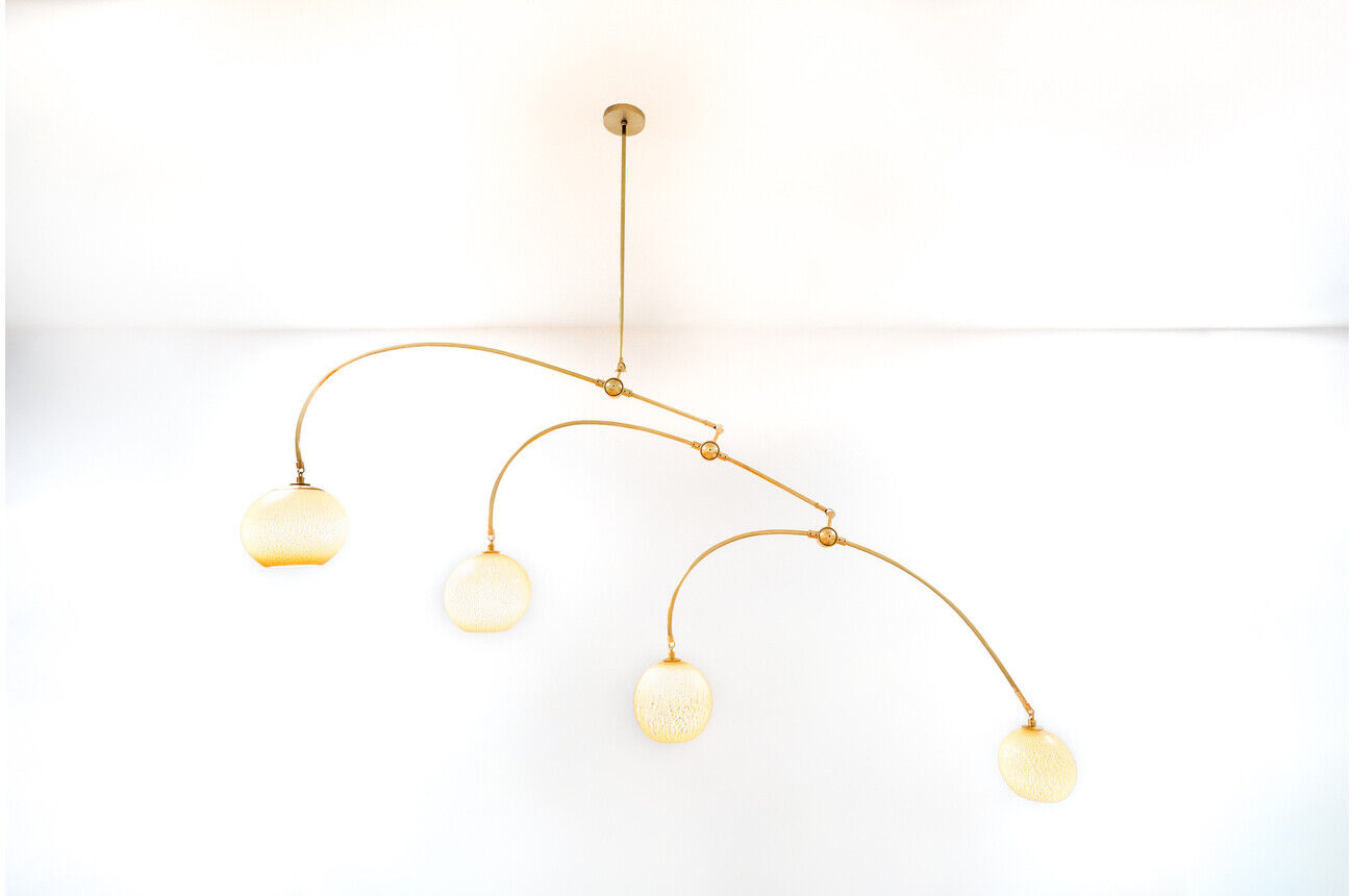 Joseph Pagano Arc Pendant in satin brass frame with mother of pearl glass globes suspended blown glass fixture minimalist art sculpture ROOM Furniture