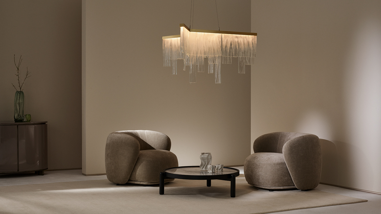 CTO Cascata Chandelier Satin Brass Metal Armature Hand Blown Wavy Kiln Glass, and Stainless Steel Cable ROOM Furniture