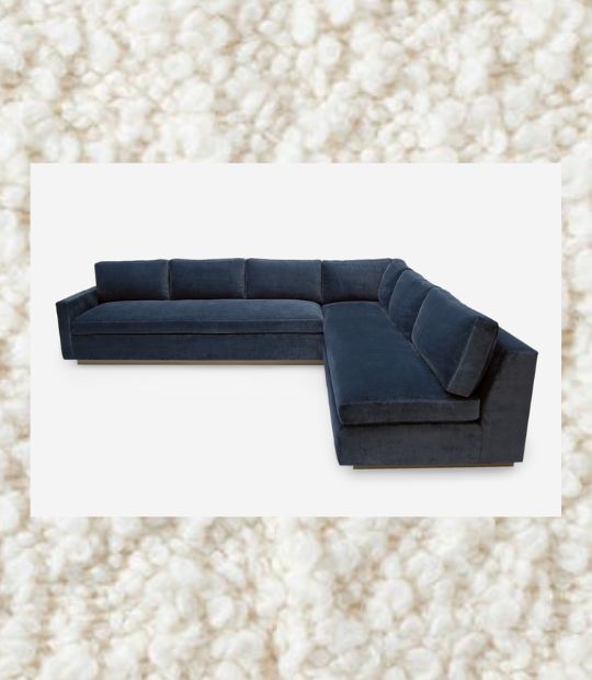 ROOM Vienne Sleeper Sectional with blue fabric cushions and upholstery, flat seams, Kiln-dried hardwood frame, and inset plinth base fully customizable made to order custom with latex foam mattress room furniture room online