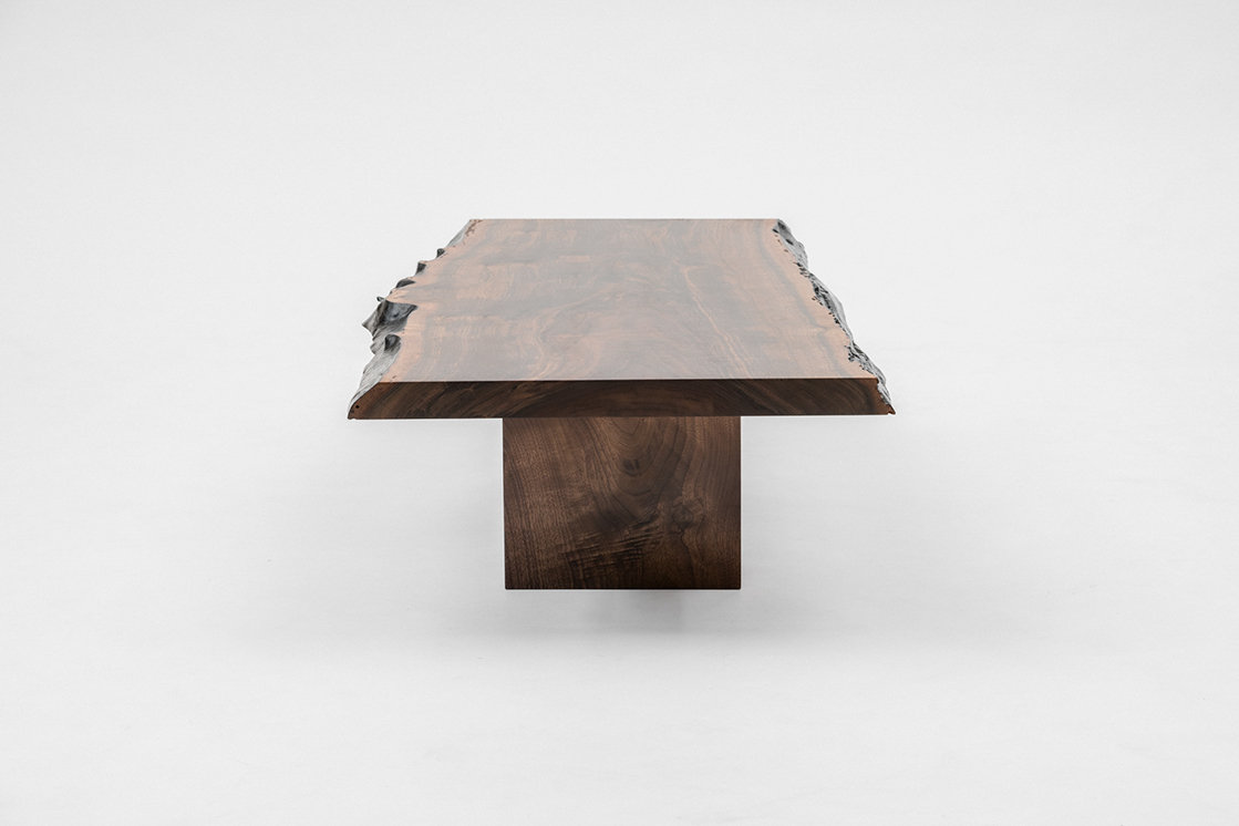 DJ Straight Slab Coffee Table Claro walnut with charred and polished straight or curved live edges traditional handmade butterflies, and a patterned diagram of patchwork inlays DeJong & Co. Room online Room Furniture